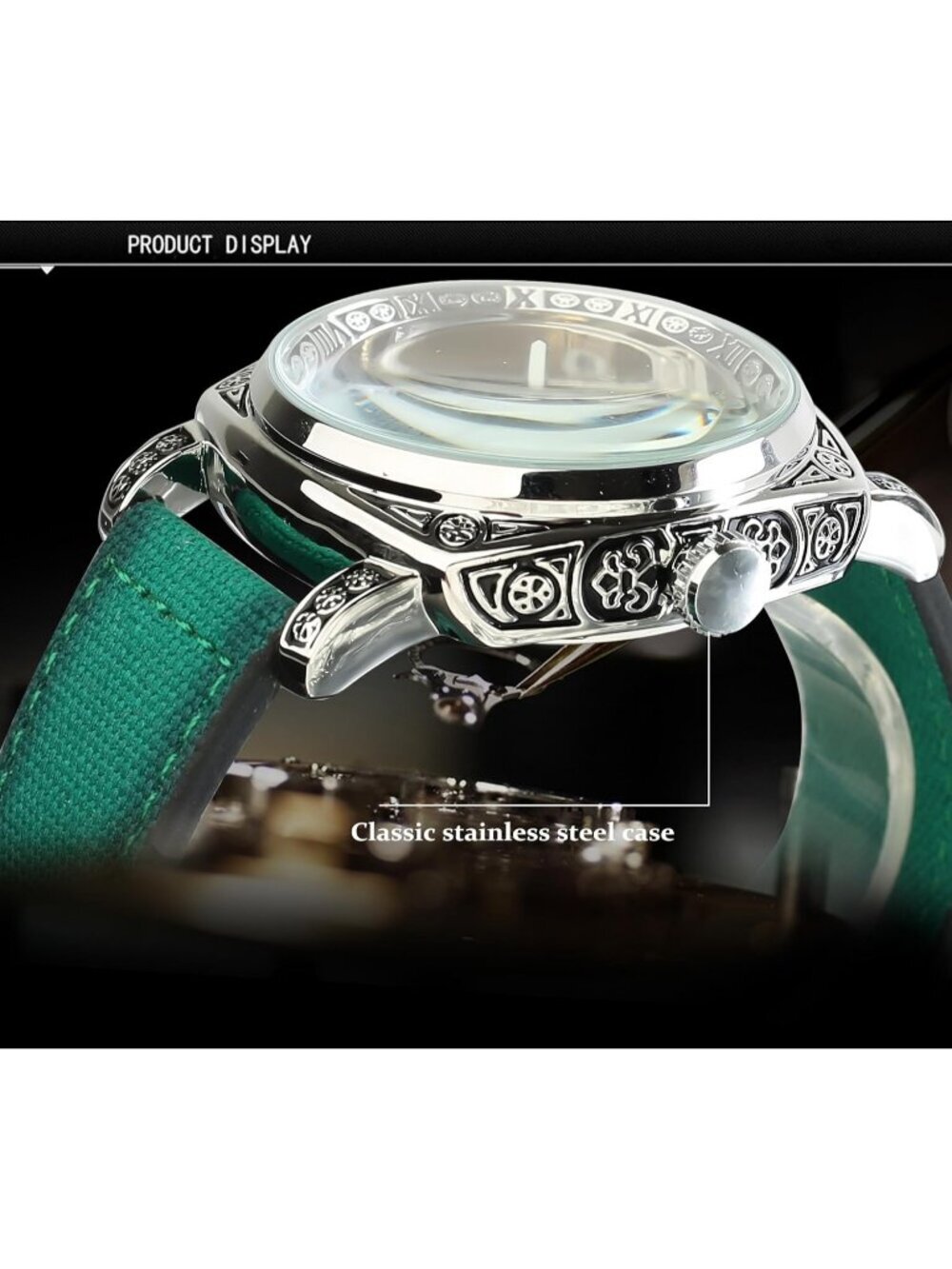 Men's Green Square Mechanical Leather Strap Self-Wind Carved Automatic Watch - Picture 3 of 7